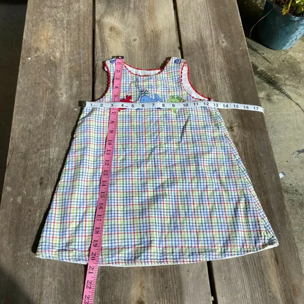 Glorimont Girls Dress Sz 4T Sleeveless Jumper Plaid Red Blue Green Sea Life Crab